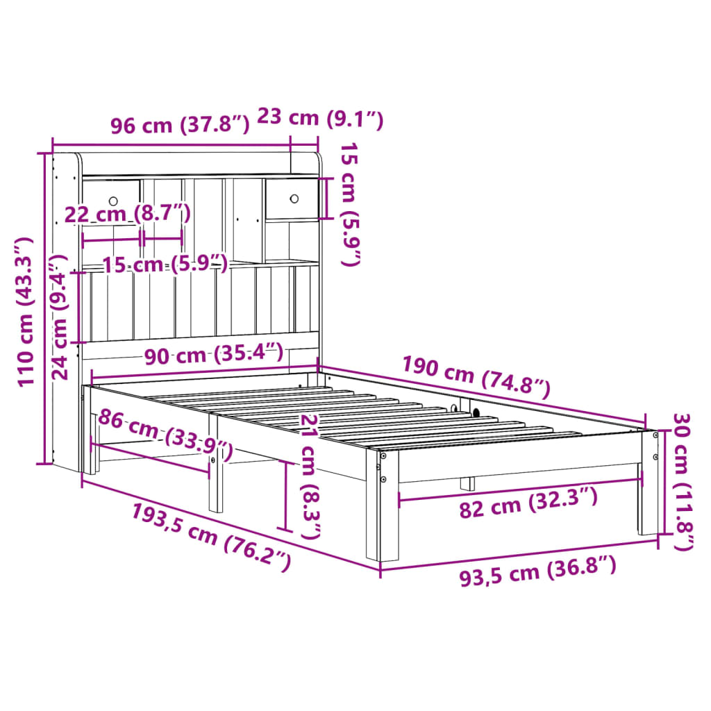 Seng med bokhylle uten madrass 90x190 cm heltre furu