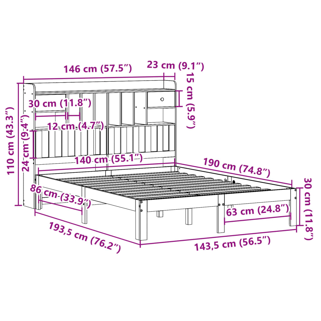 Seng med bokhylle uten madrass hvit 140x190 cm heltre furu
