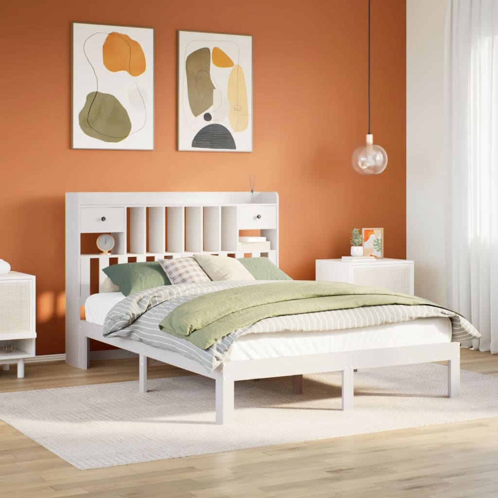 Seng med bokhylle uten madrass hvit 160x200 cm heltre furu