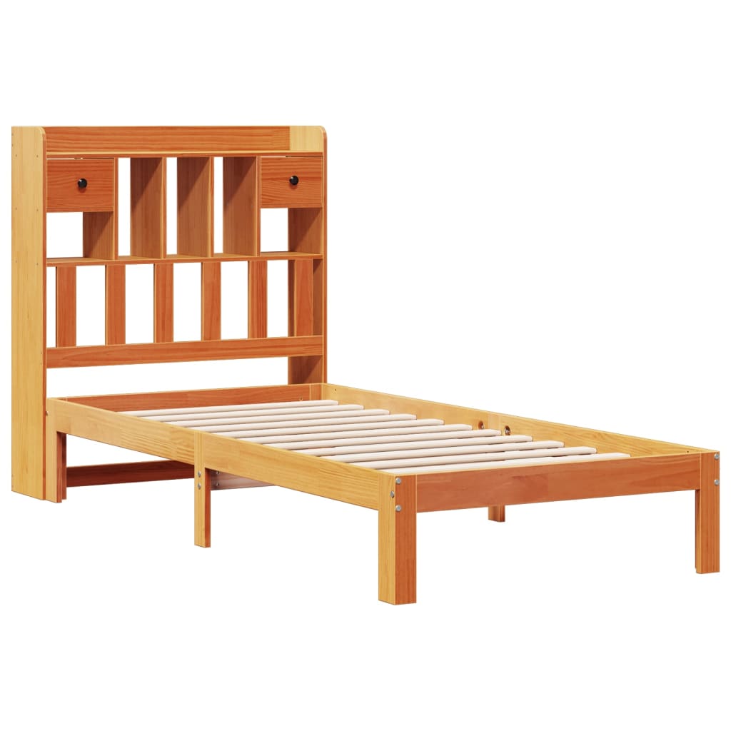 Seng med bokhylle uten madrass voksbrun 75x190 cm heltre furu