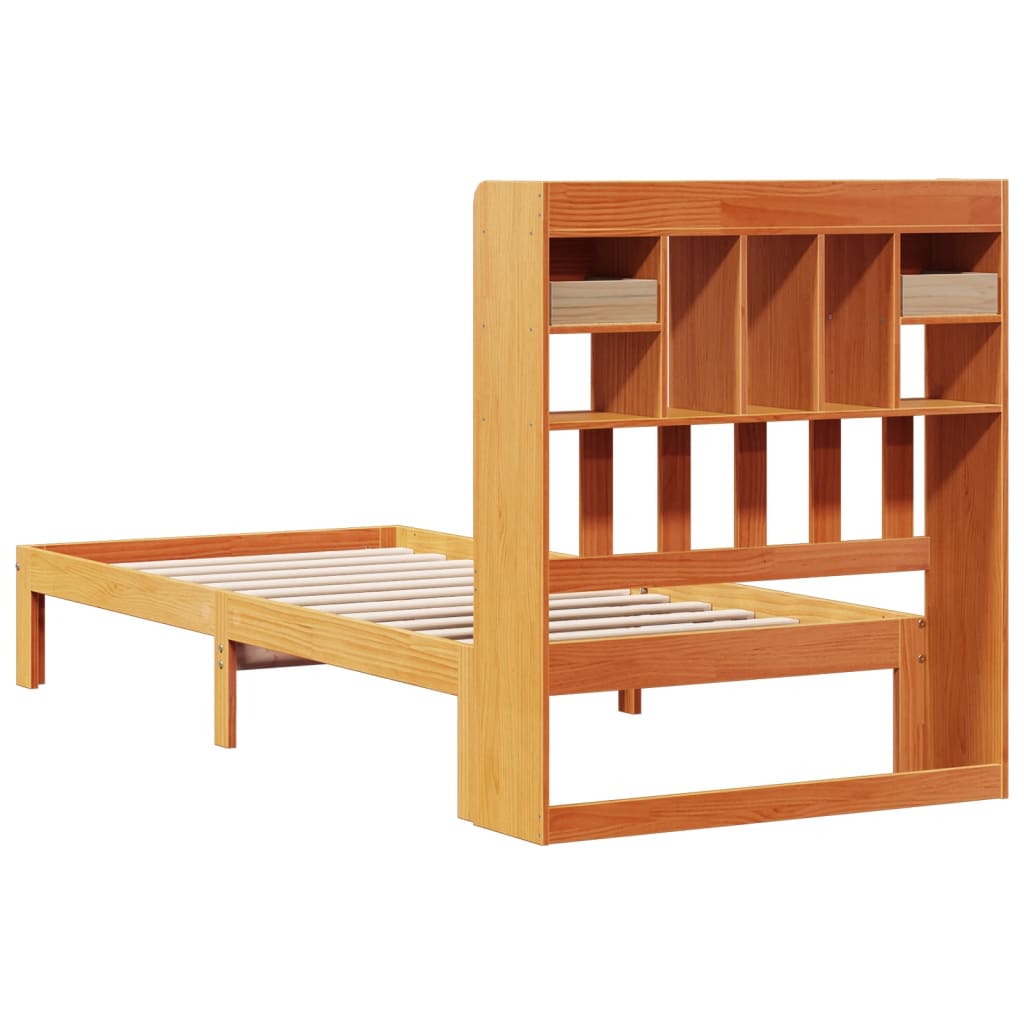Seng med bokhylle uten madrass voksbrun 75x190 cm heltre furu