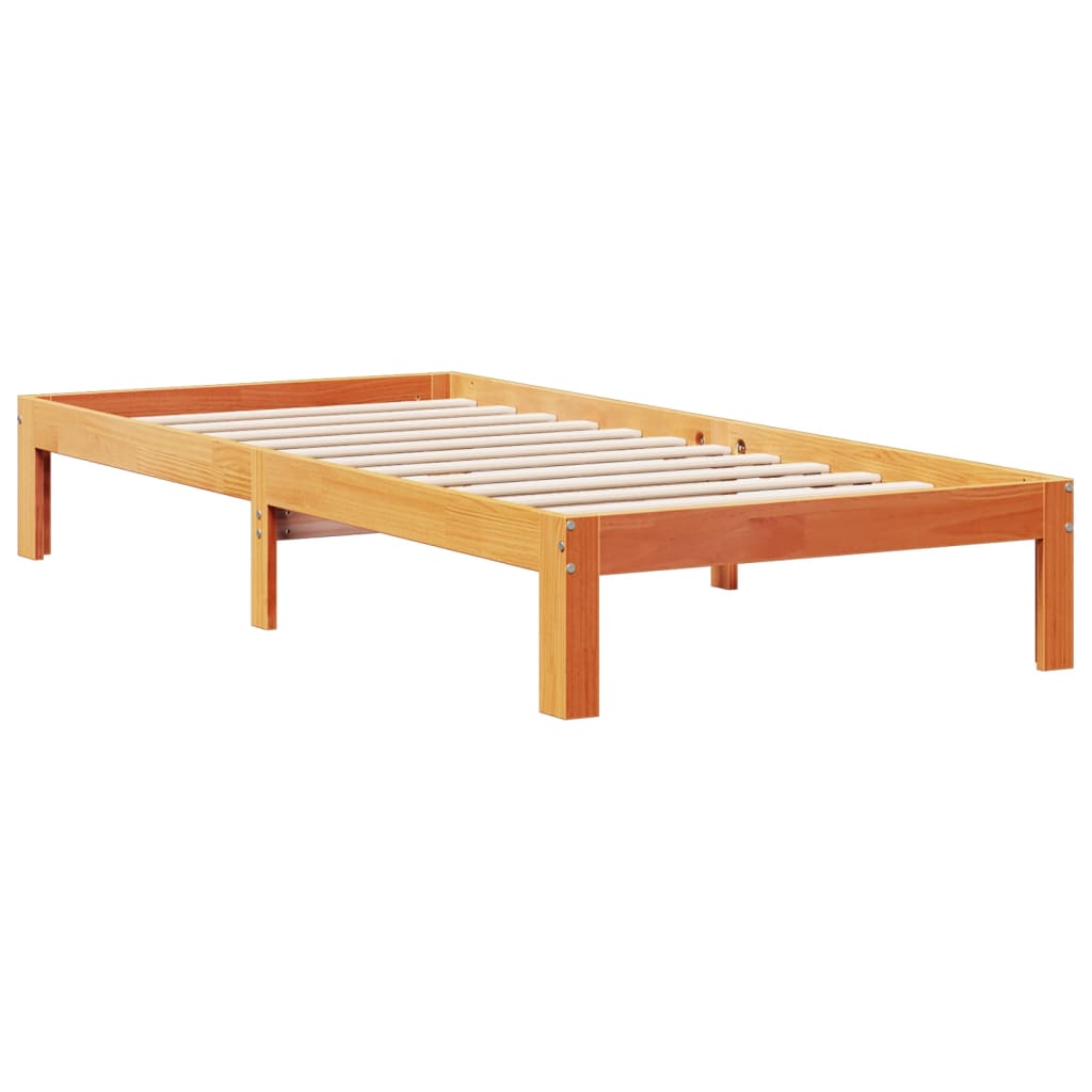 Seng med bokhylle uten madrass voksbrun 75x190 cm heltre furu