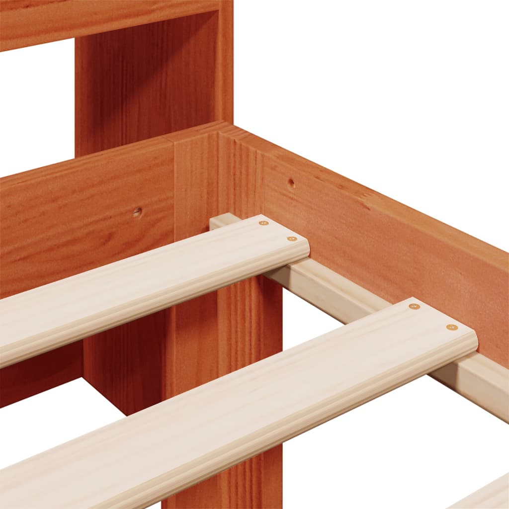 Seng med bokhylle uten madrass voksbrun 75x190 cm heltre furu