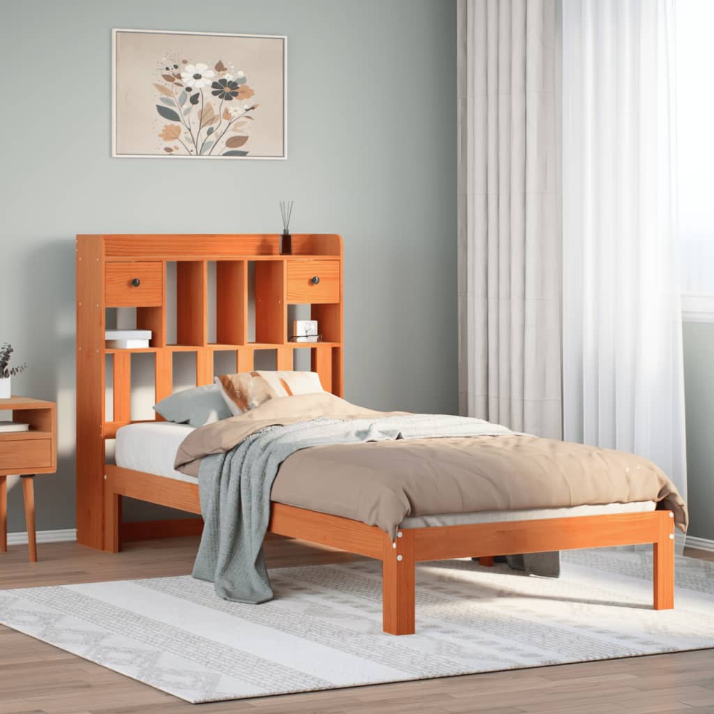 Seng med bokhylle uten madrass voksbrun 75x190 cm heltre furu