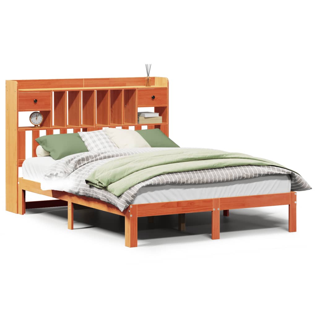 Seng med bokhylle uten madrass voksbrun 135x190 cm heltre furu