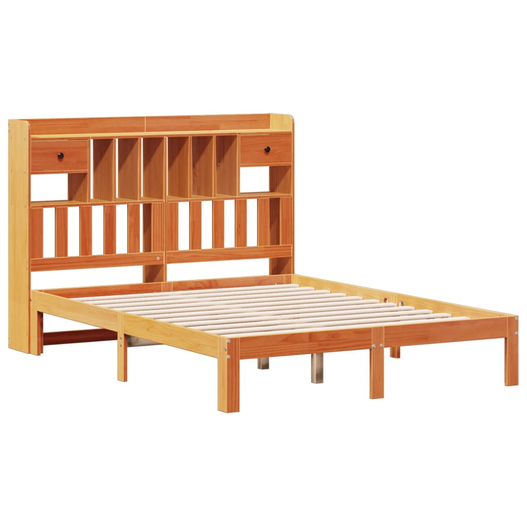 Seng med bokhylle uten madrass voksbrun 135x190 cm heltre furu