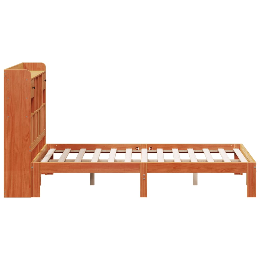 Seng med bokhylle uten madrass voksbrun 135x190 cm heltre furu