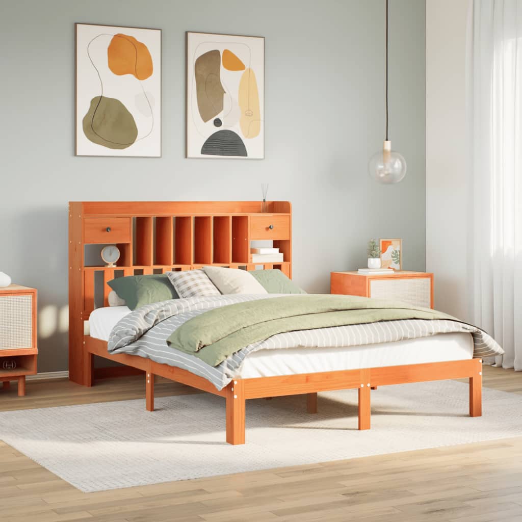 Seng med bokhylle uten madrass voksbrun 135x190 cm heltre furu