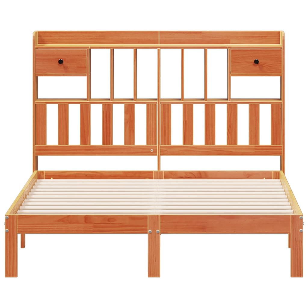 Seng med bokhylle uten madrass voksbrun 140x200 cm heltre furu