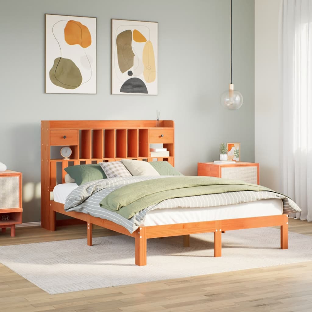 Seng med bokhylle uten madrass voksbrun 140x200 cm heltre furu