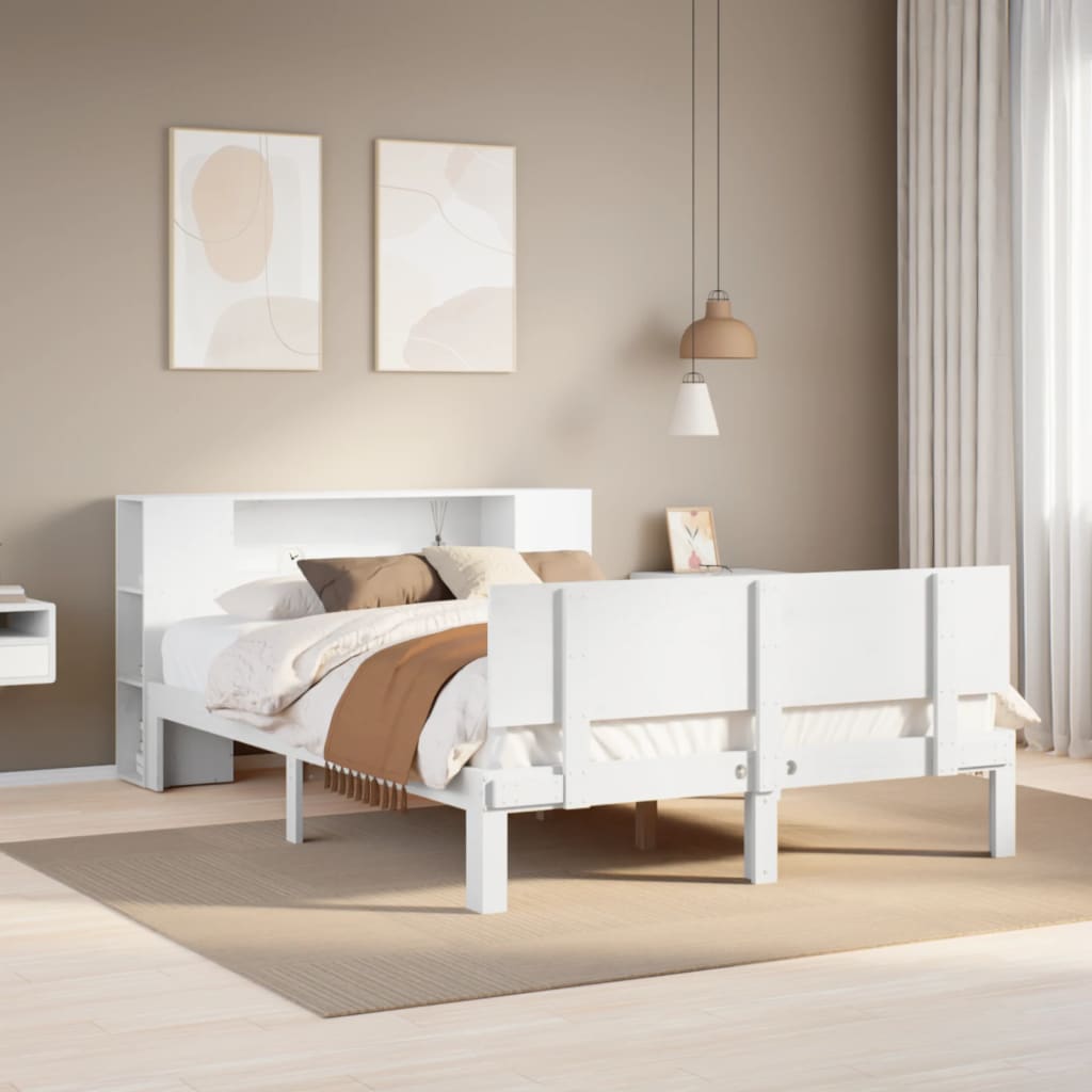Seng med bokhylle uten madrass hvit 140x200 cm heltre furu
