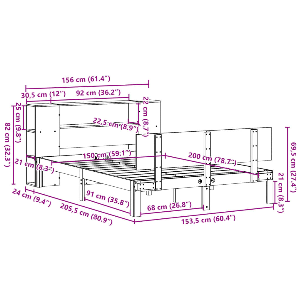 Seng med bokhylle uten madrass hvit 150x200 cm heltre furu