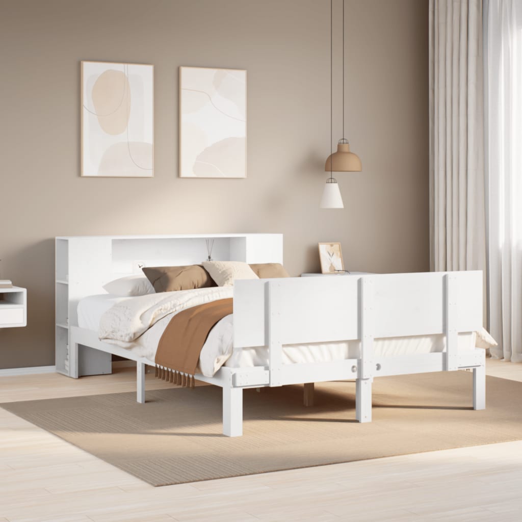 Seng med bokhylle uten madrass hvit 150x200 cm heltre furu