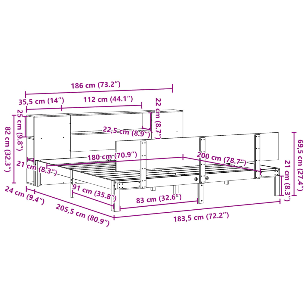 Seng med bokhylle uten madrass hvit 180x200 cm heltre furu