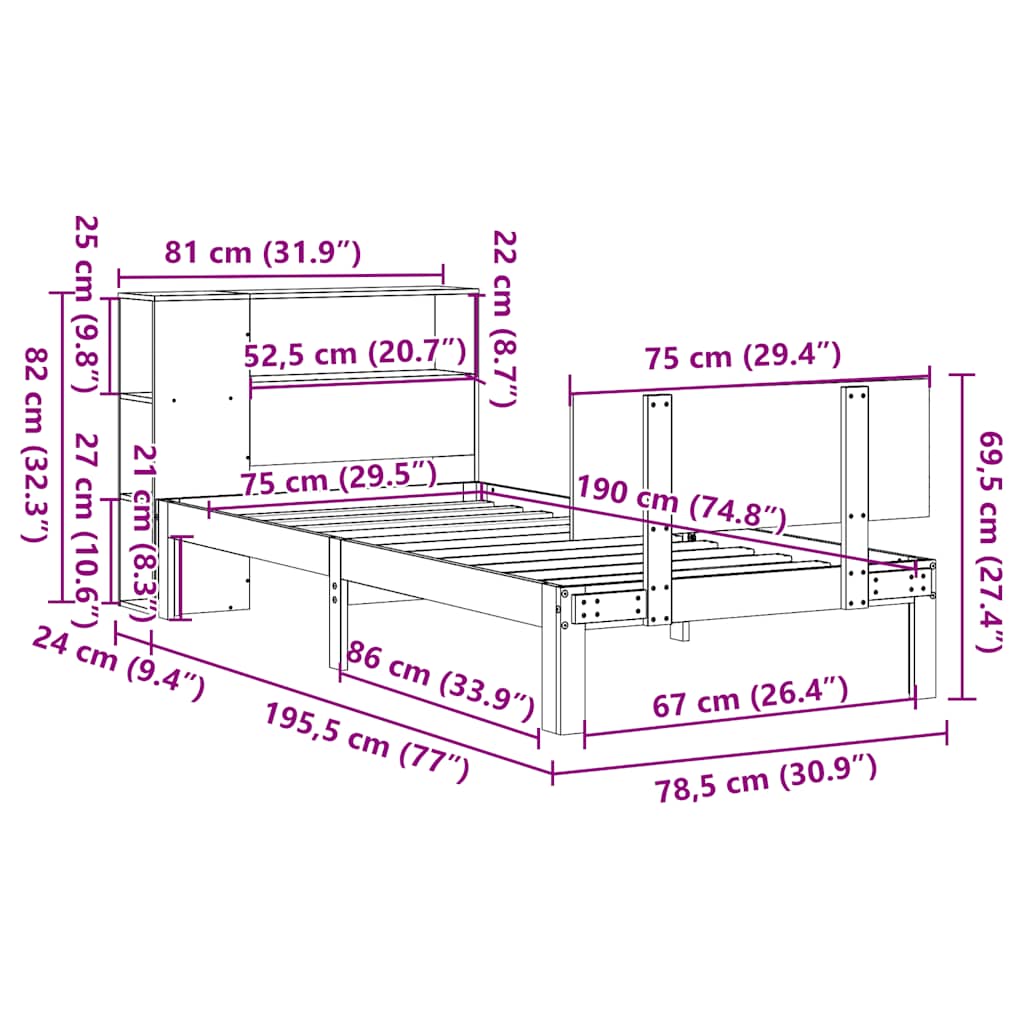 Seng med bokhylle uten madrass hvit 75x190 cm heltre furu