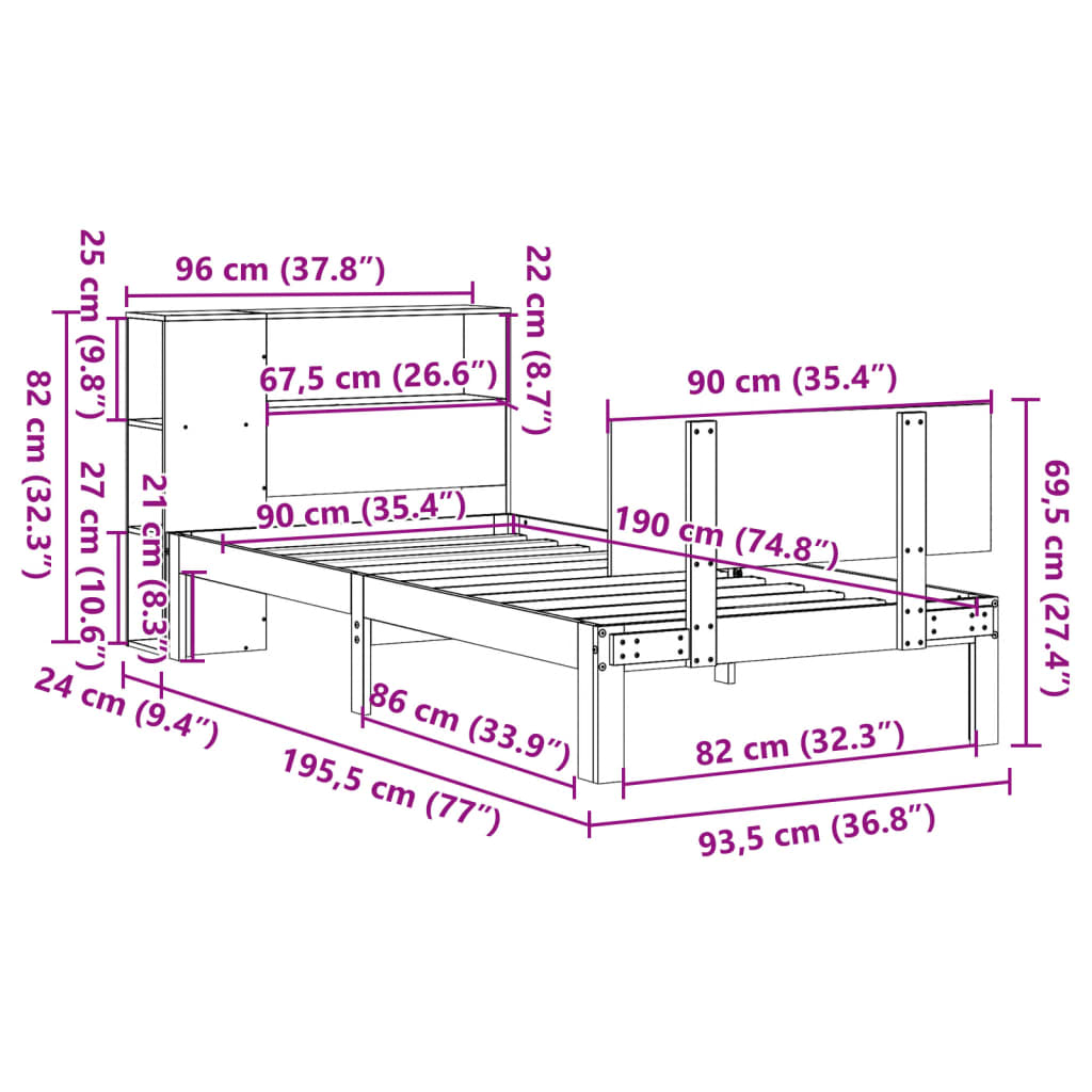 Seng med bokhylle uten madrass 90x190 cm heltre furu