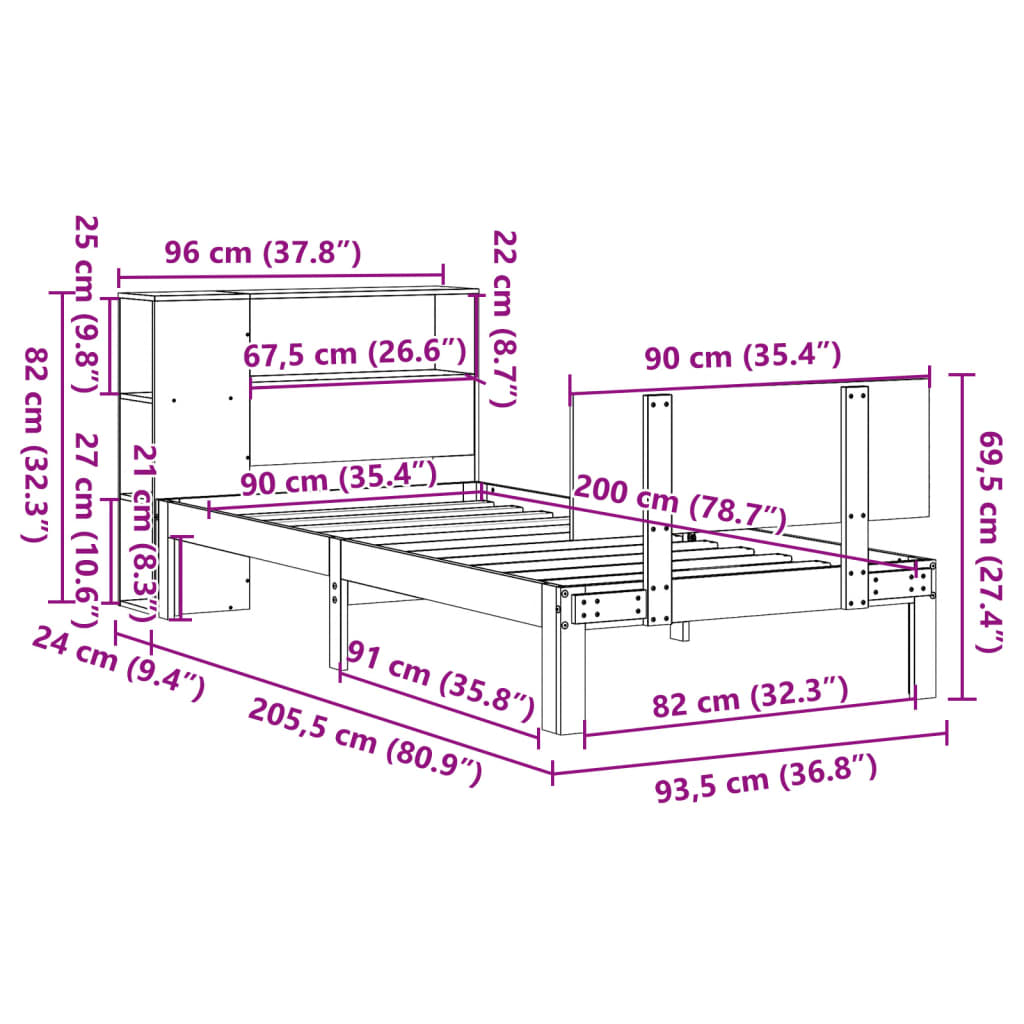 Seng med bokhylle uten madrass hvit 90x200 cm heltre furu