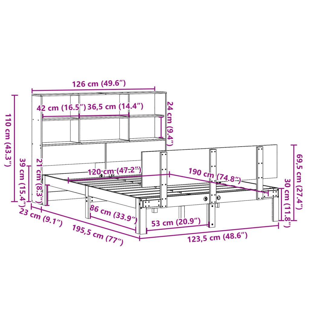 Seng med bokhylle uten madrass hvit 120x190 cm heltre furu