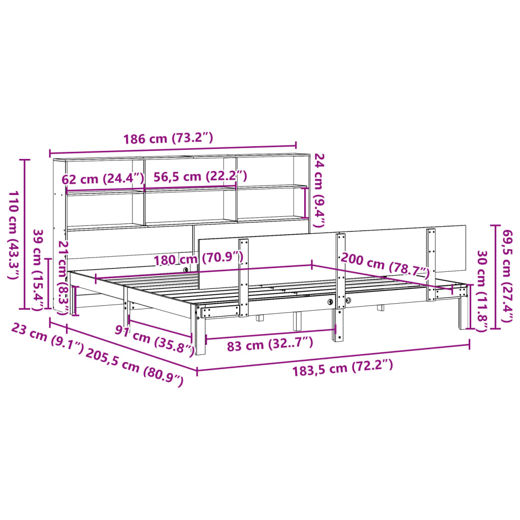 Seng med bokhylle uten madrass hvit 180x200 cm heltre furu