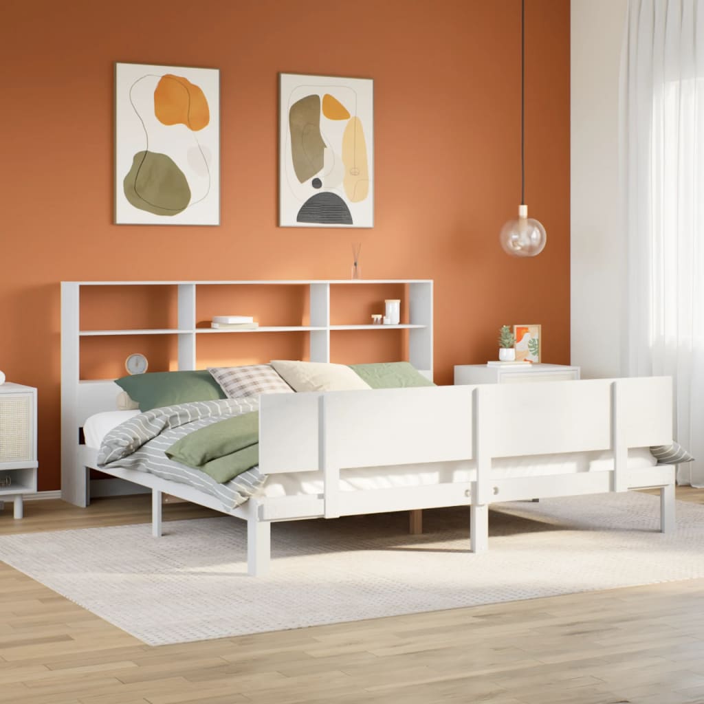 Seng med bokhylle uten madrass hvit 180x200 cm heltre furu