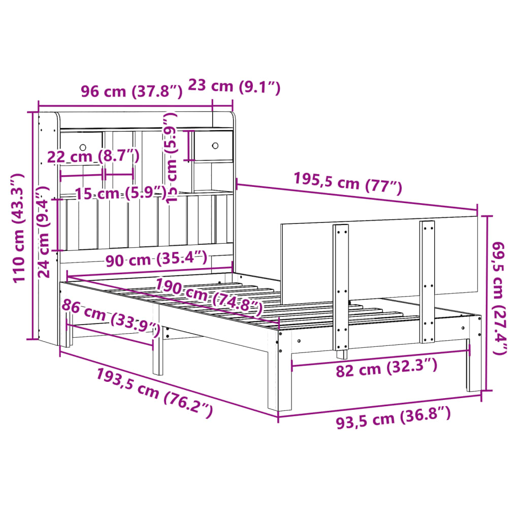 Seng med bokhylle uten madrass 90x190 cm heltre furu