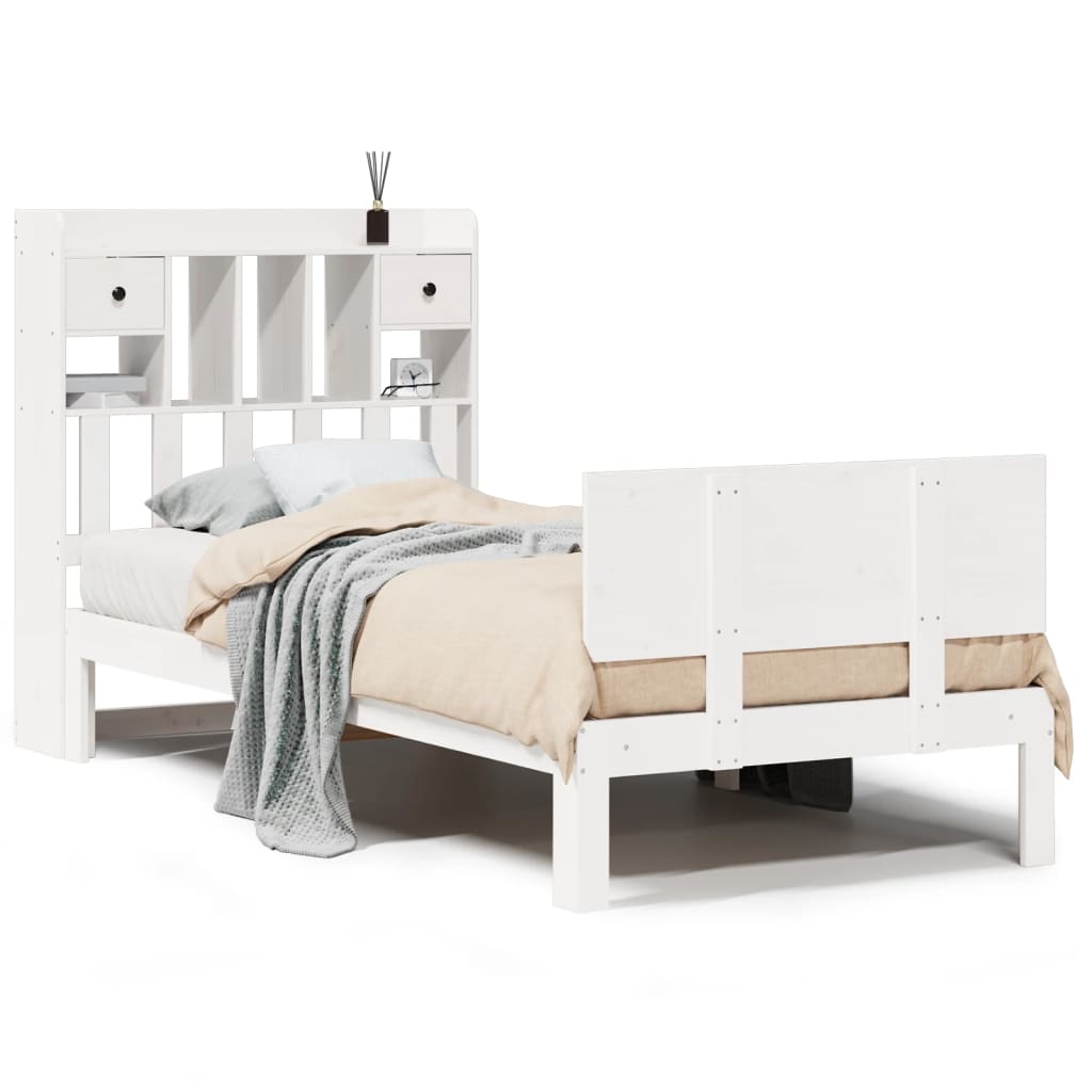 Seng med bokhylle uten madrass hvit 90x200 cm heltre furu