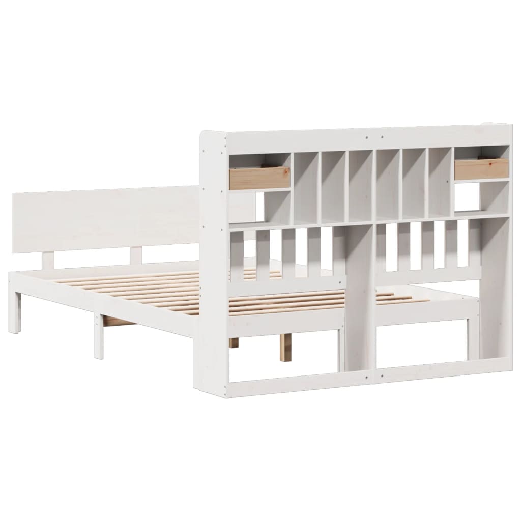 Seng med bokhylle uten madrass hvit 140x200 cm heltre furu