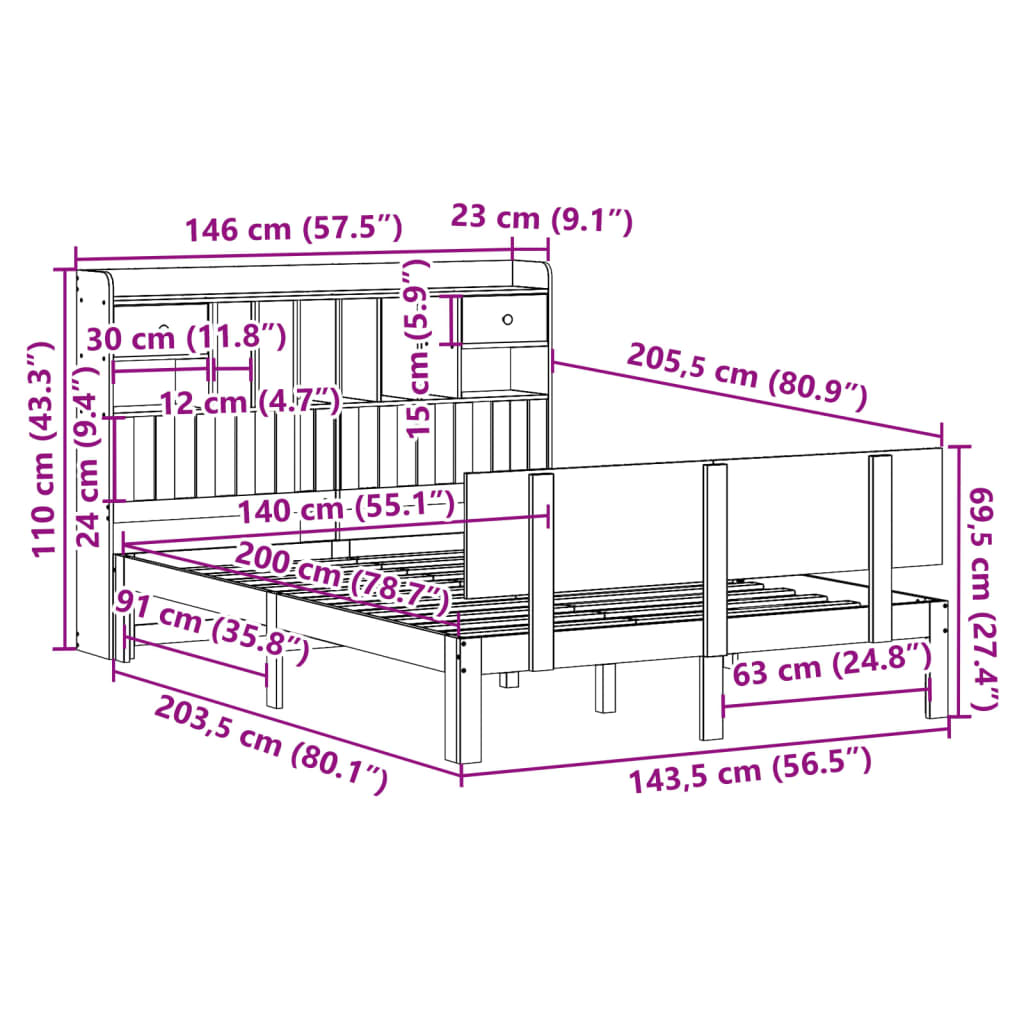 Seng med bokhylle uten madrass hvit 140x200 cm heltre furu