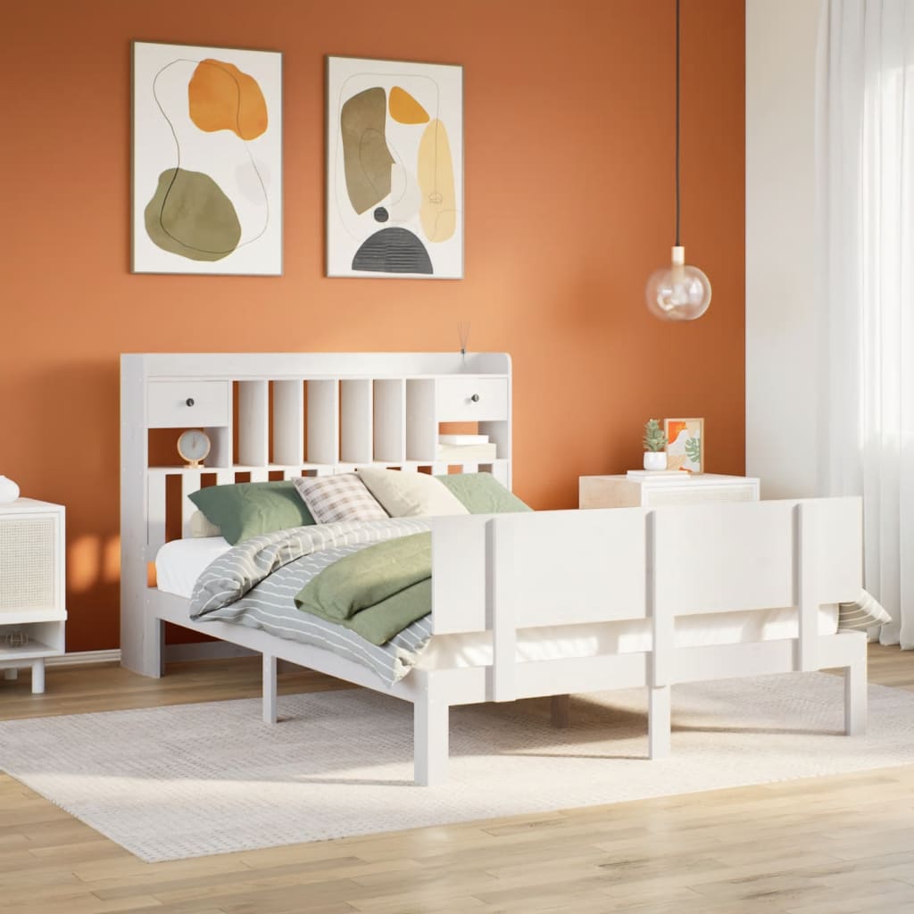 Seng med bokhylle uten madrass hvit 140x200 cm heltre furu
