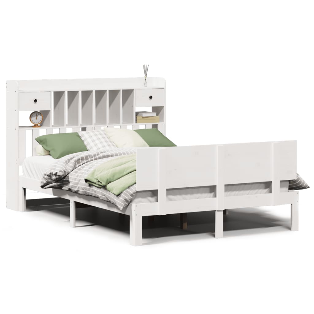 Seng med bokhylle uten madrass hvit 150x200 cm heltre furu