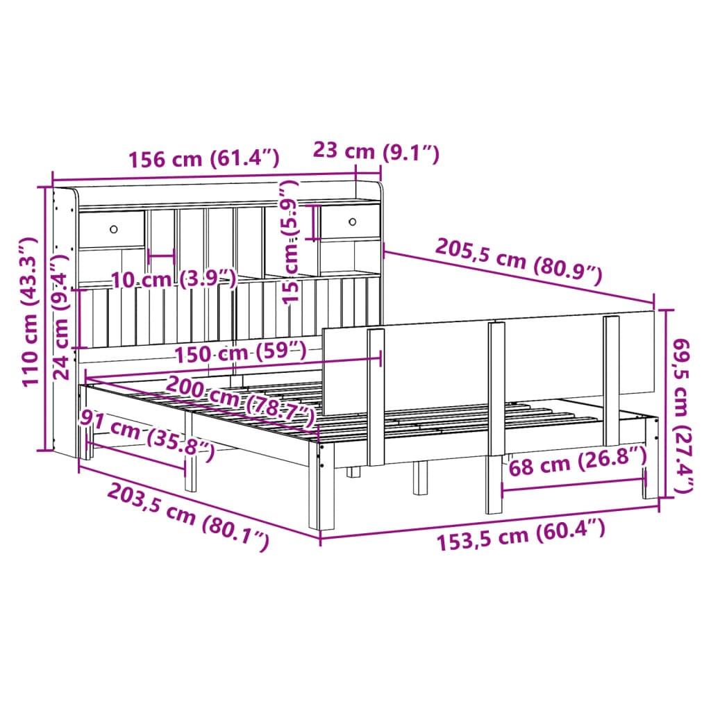 Seng med bokhylle uten madrass hvit 150x200 cm heltre furu