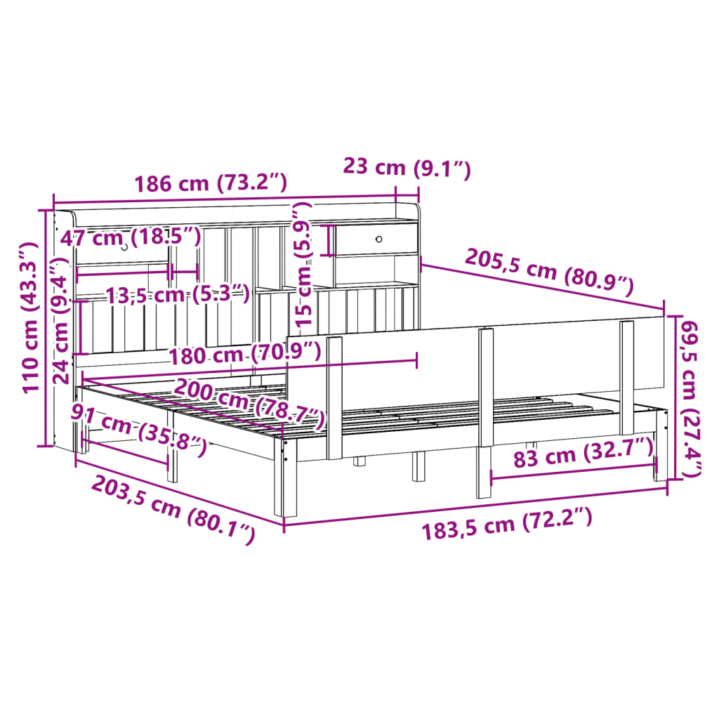 Seng med bokhylle uten madrass hvit 180x200 cm heltre furu