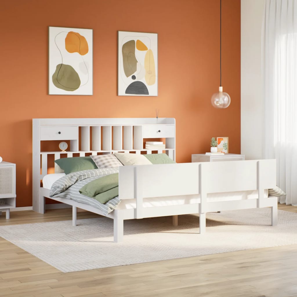 Seng med bokhylle uten madrass hvit 180x200 cm heltre furu