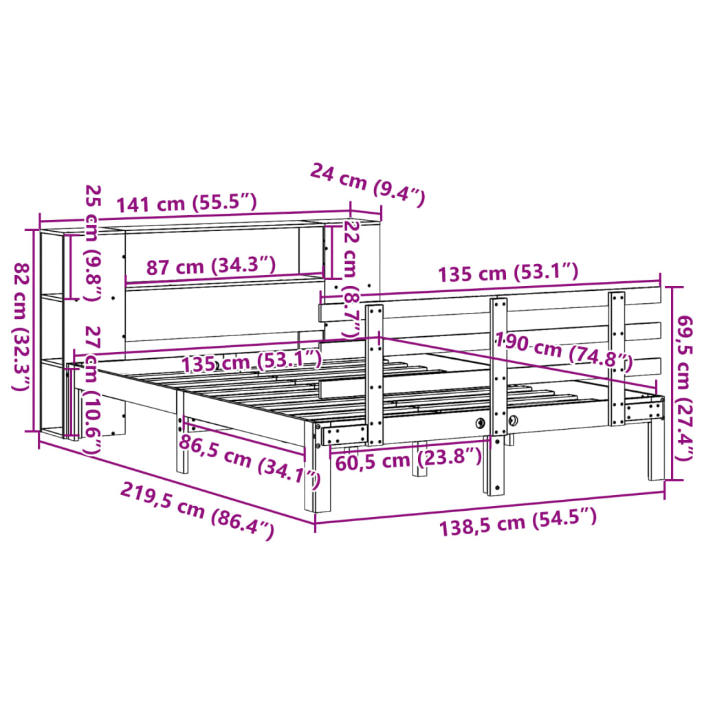 Seng med bokhylle uten madrass 135x190 cm heltre furu