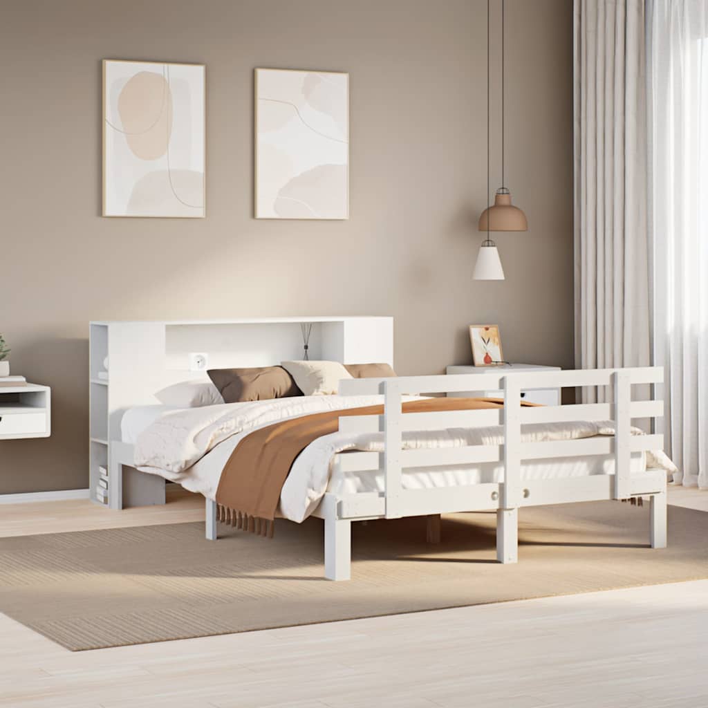 Seng med bokhylle uten madrass hvit 135x190 cm heltre furu