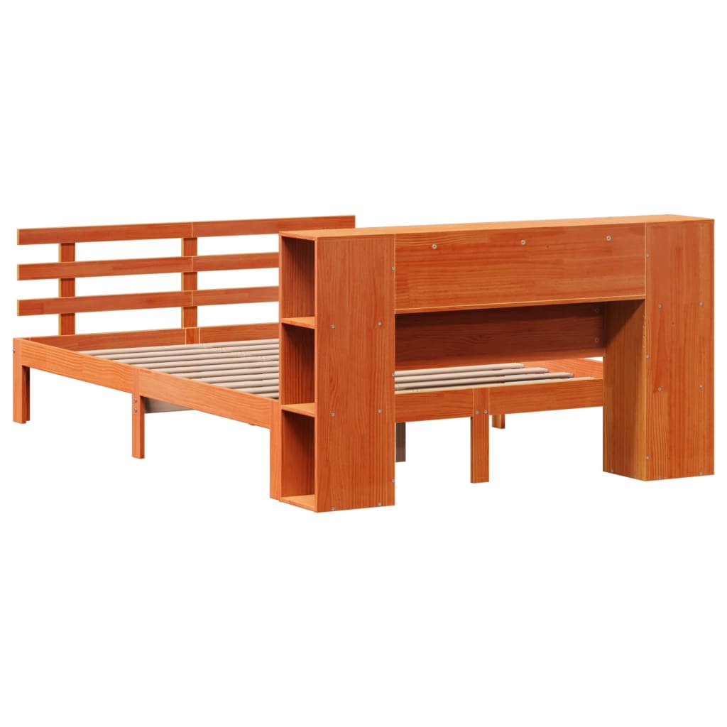 Seng med bokhylle uten madrass voksbrun 120x190 cm heltre furu