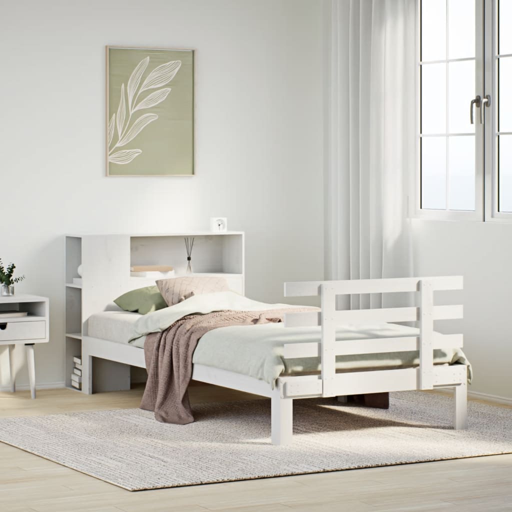 Seng med bokhylle uten madrass hvit 75x190 cm heltre furu
