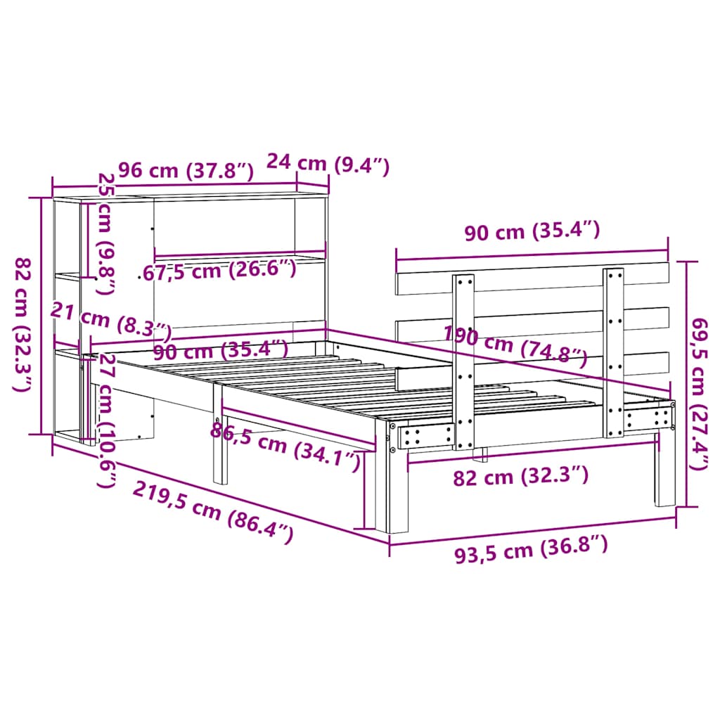 Seng med bokhylle uten madrass 90x190 cm heltre furu