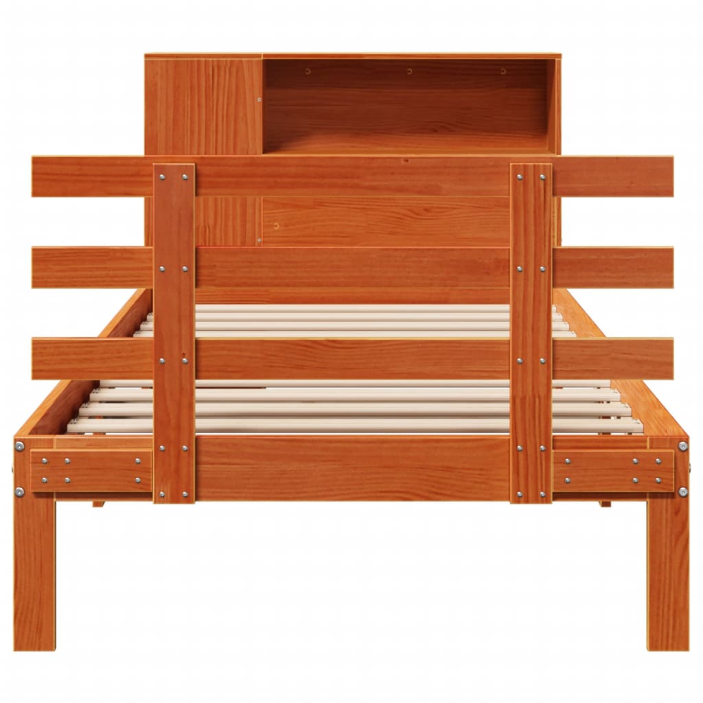 Seng med bokhylle uten madrass voksbrun 75x190 cm heltre furu
