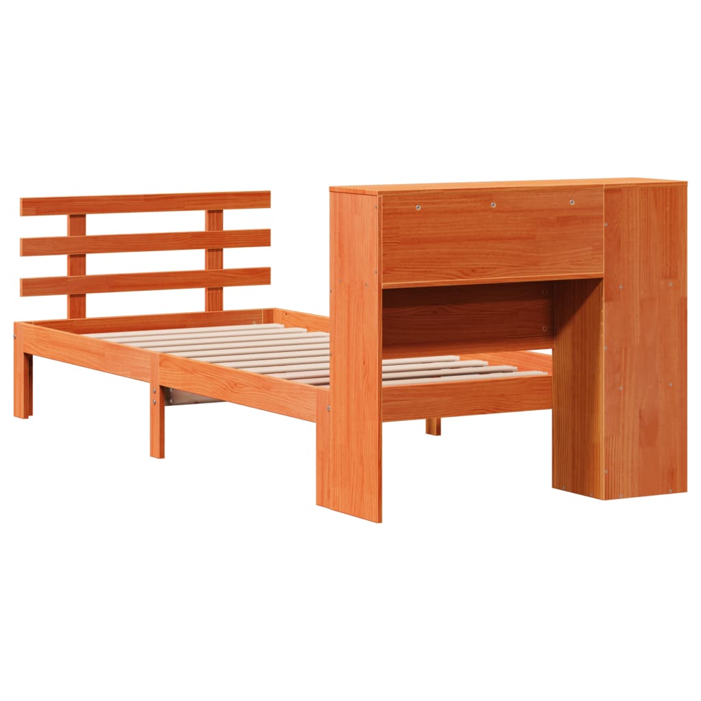 Seng med bokhylle uten madrass voksbrun 100x200 cm heltre furu