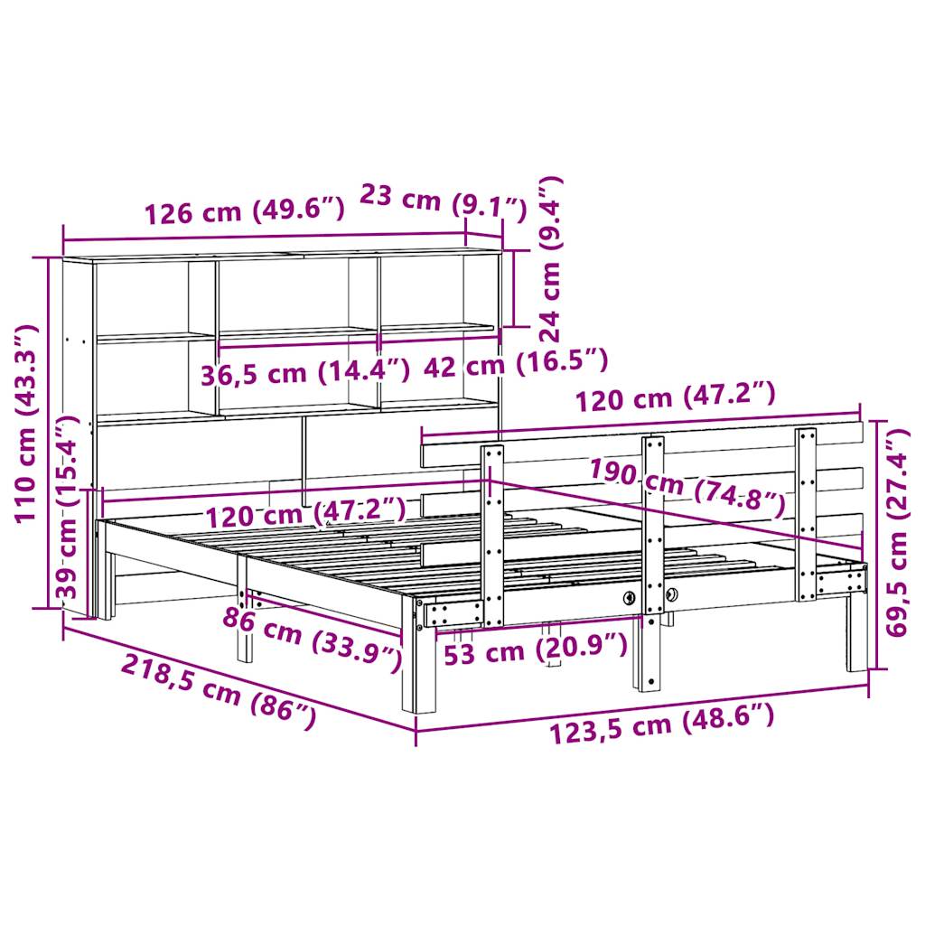 Seng med bokhylle uten madrass 120x190 cm heltre furu