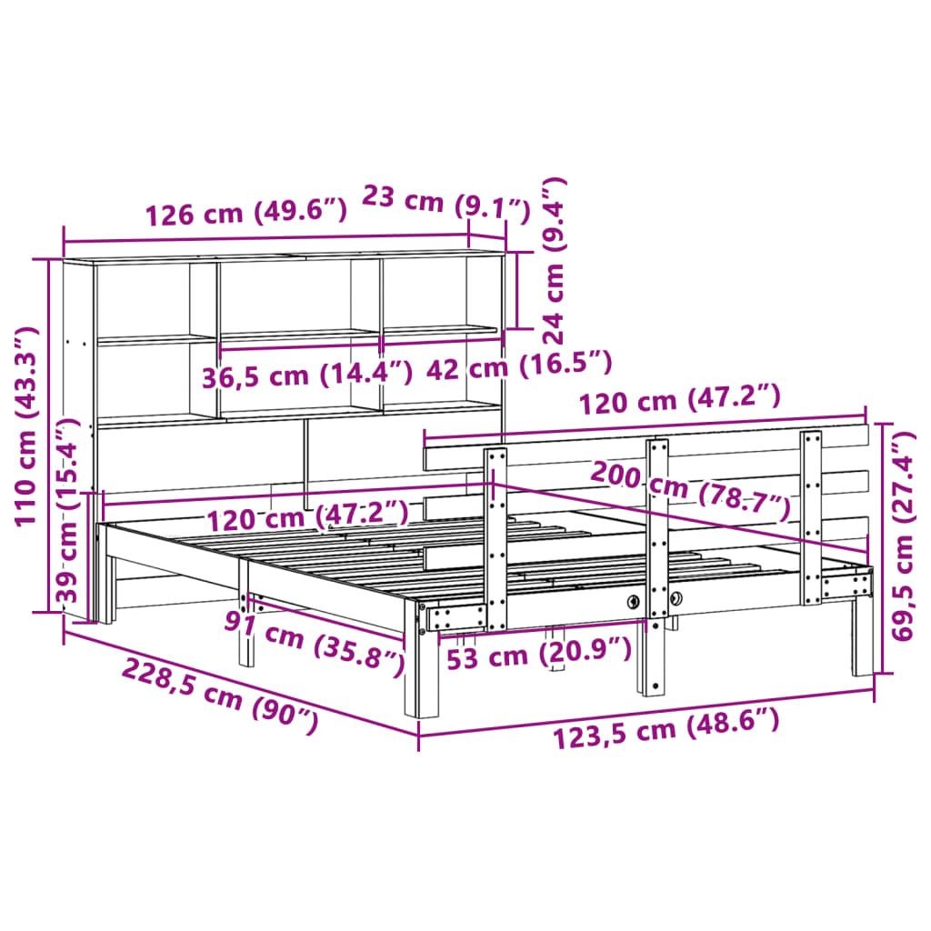 Seng med bokhylle uten madrass hvit 120x200 cm heltre furu
