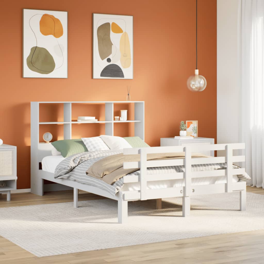 Seng med bokhylle uten madrass hvit 140x200 cm heltre furu