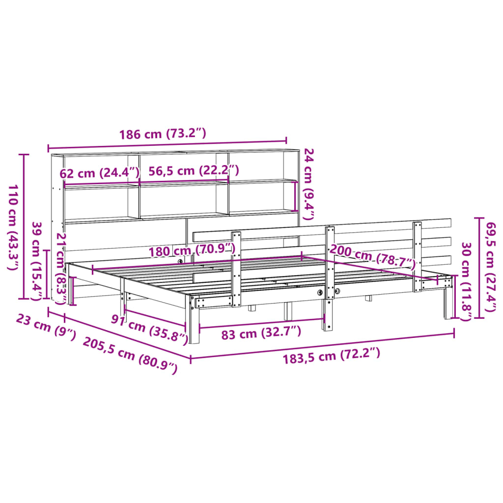 Seng med bokhylle uten madrass hvit 180x200 cm heltre furu