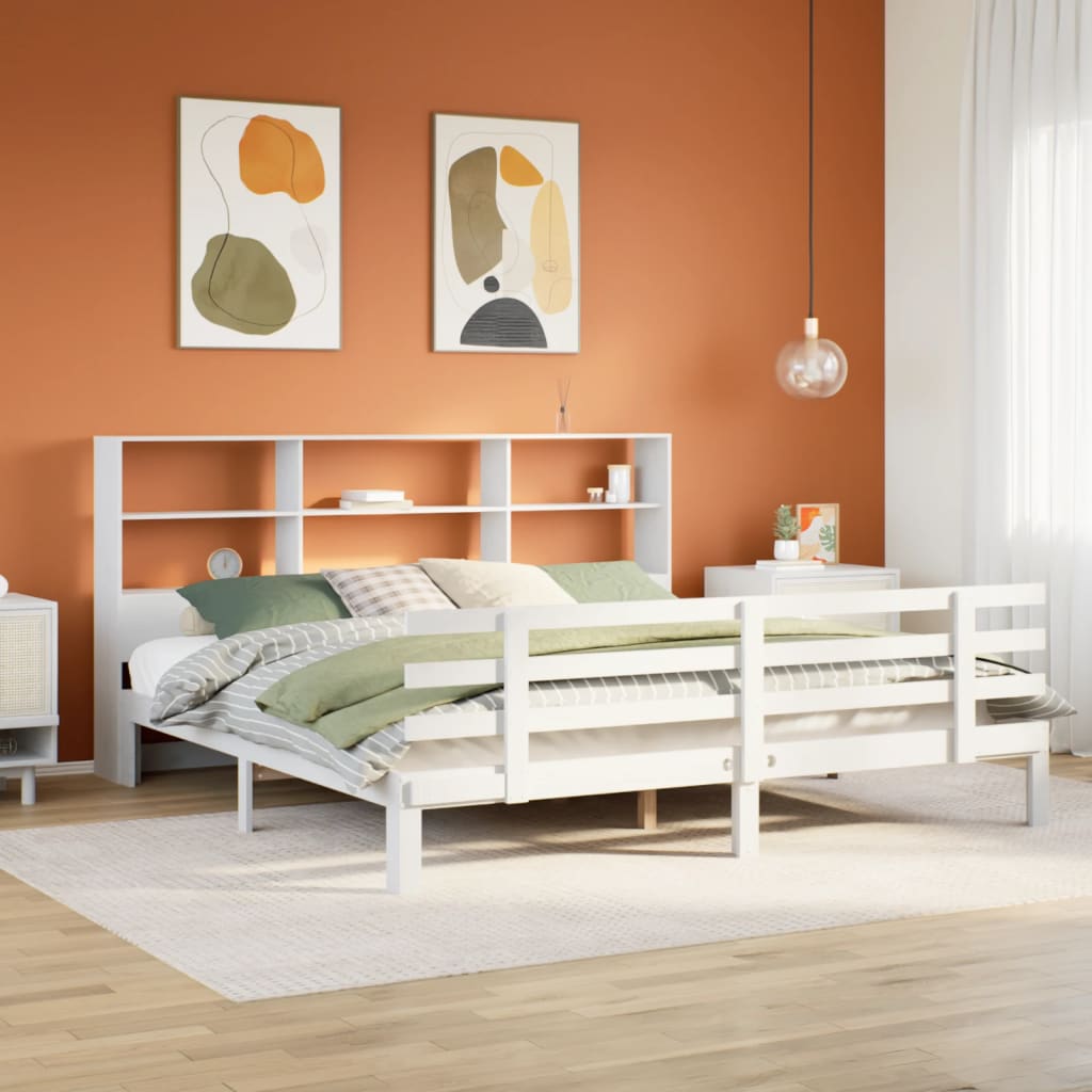 Seng med bokhylle uten madrass hvit 180x200 cm heltre furu
