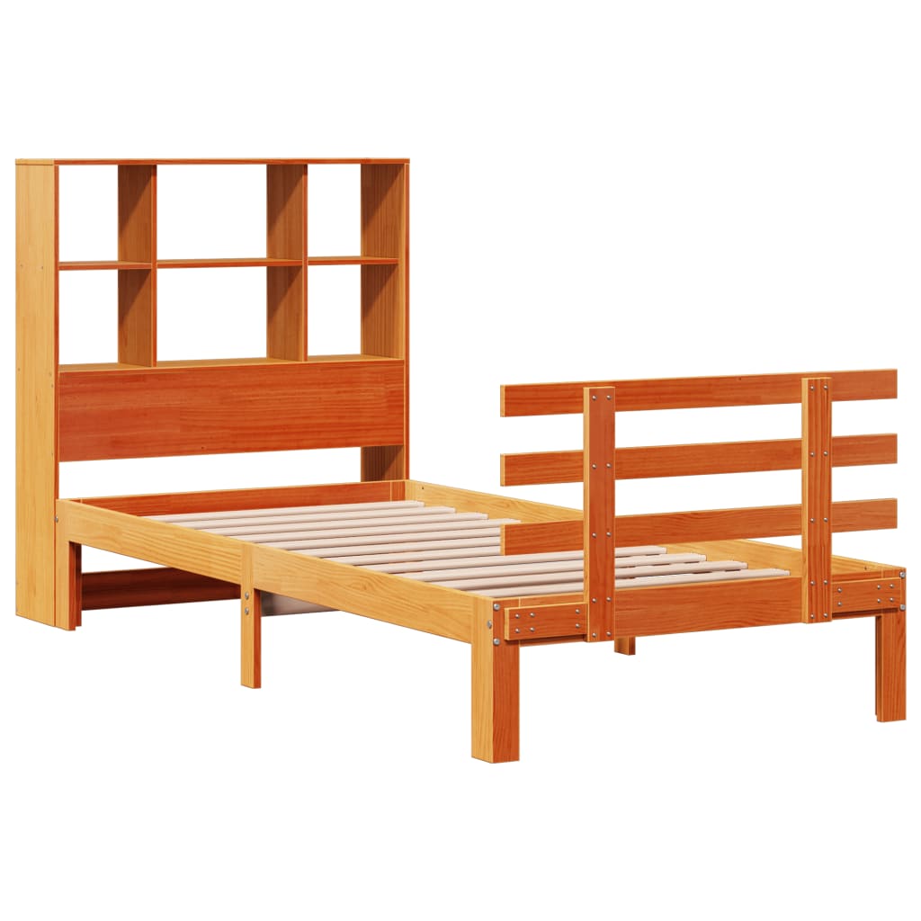 Seng med bokhylle uten madrass voksbrun 75x190 cm heltre furu