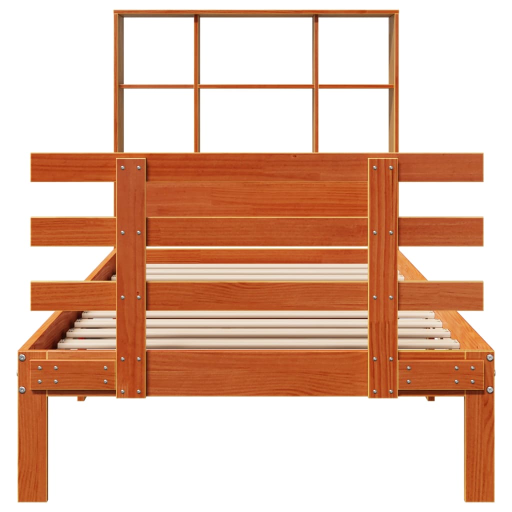 Seng med bokhylle uten madrass voksbrun 75x190 cm heltre furu