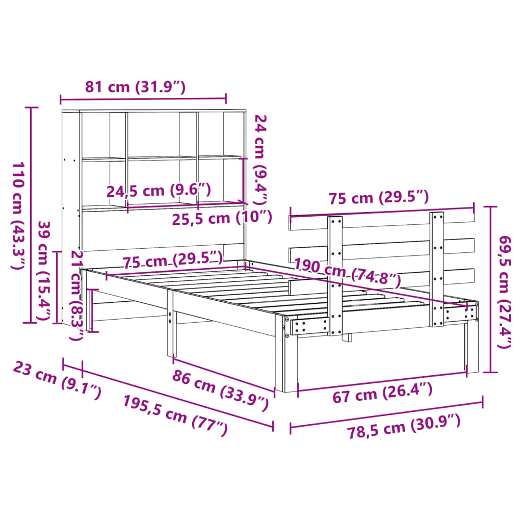 Seng med bokhylle uten madrass voksbrun 75x190 cm heltre furu
