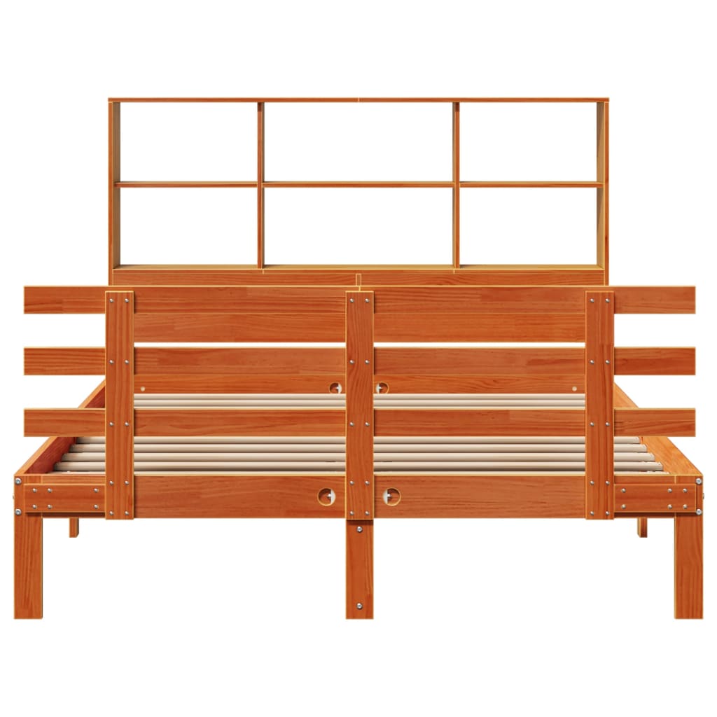 Seng med bokhylle uten madrass voksbrun 140x190 cm heltre furu