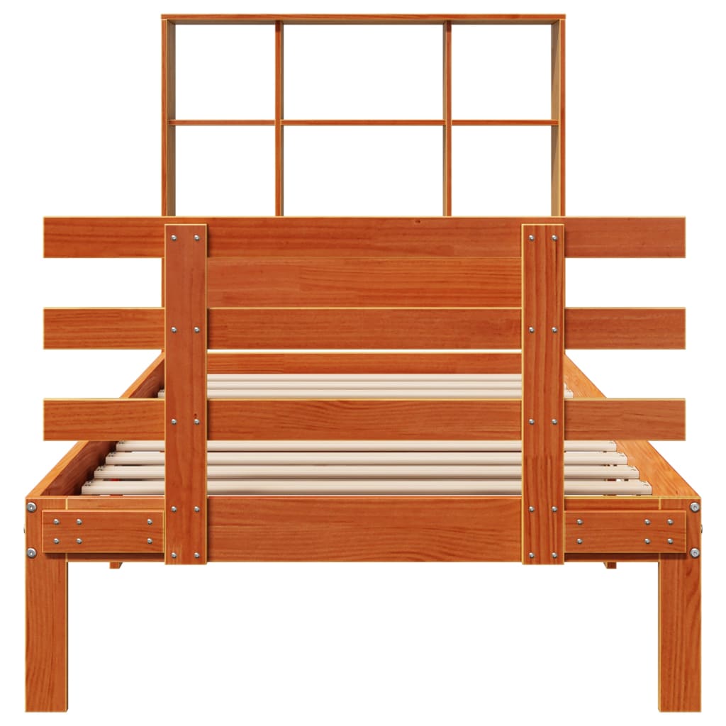 Seng med bokhylle uten madrass voksbrun 100x200 cm heltre furu